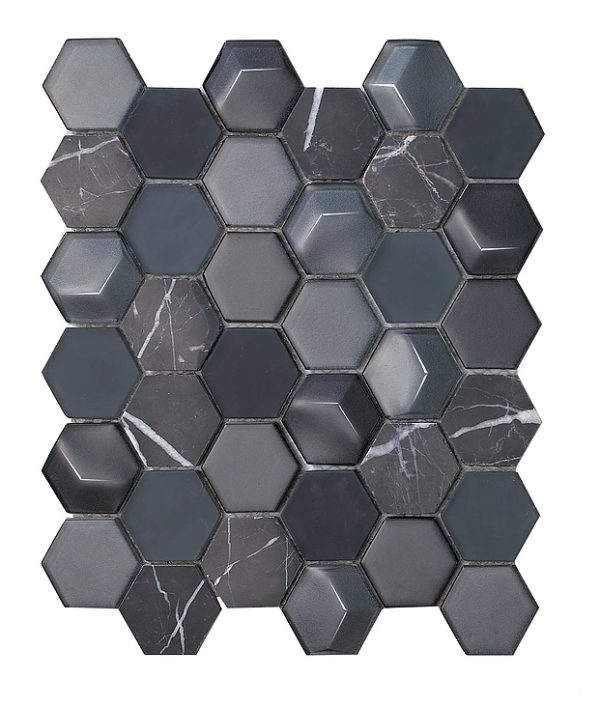 Synergy 3D hex glass mosaic tile mix black and marble DC0006