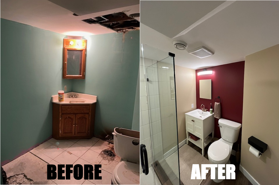 Anoka bathroom remodel before and after pictures of new vanity and exhaust fan.