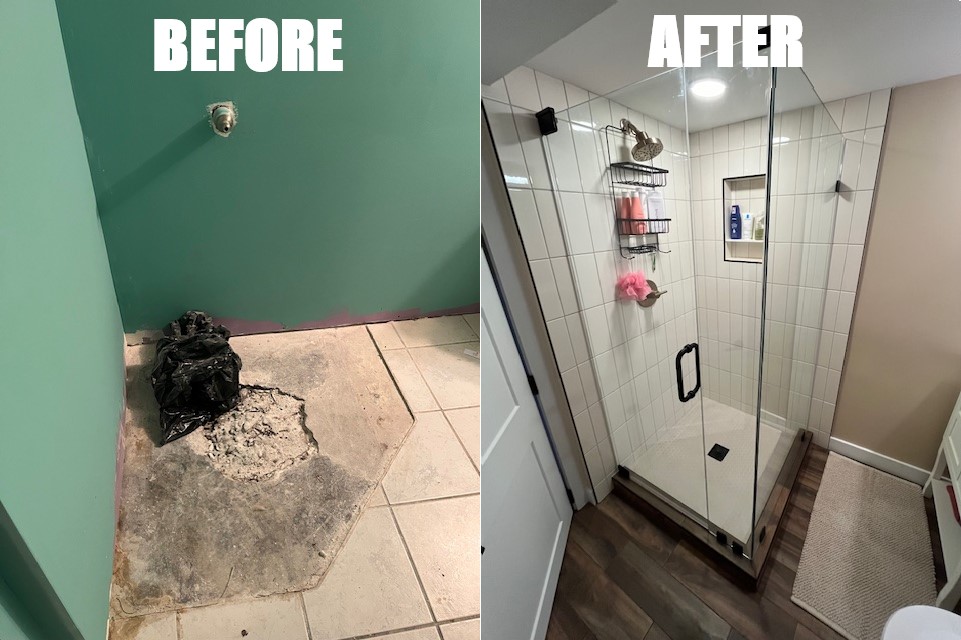 Anoka bathroom remodel before and after pictures of new custom shower and glass surround.